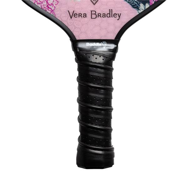 Close-up of a black pickleball paddle grip with Baddle logo and pink Vera Bradley patterned head.