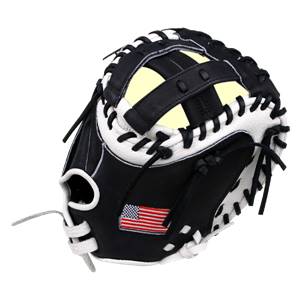 Side view of a black and white catchers mitt with an American flag patch and yellow interior.