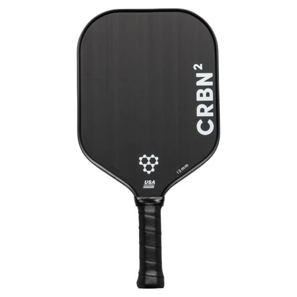 Front view of a black pickleball paddle with CRBN² branding, a honeycomb logo, and 13 mm text.