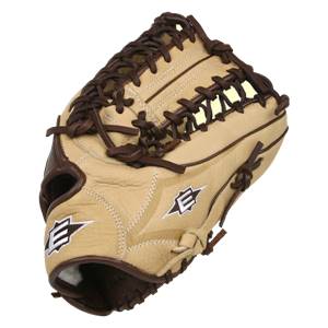 Side view of a tan baseball glove with brown lacing and two white Easton logos.