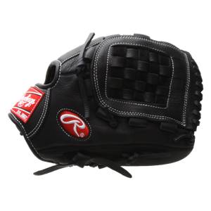 Side view of a black baseball glove with white stitching, a woven pocket, and Rawlings branding.