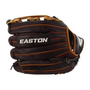 Front view of a brown baseball glove with white EASTON text and tan lacing.
