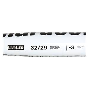 Side view of a black baseball bat with BBCOR CERTIFIED .50, 32/29, MODEL MCBTBK, and -3 markings.