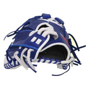 Front view of a royal blue catchers mitt with white lacing and a black palm lining.