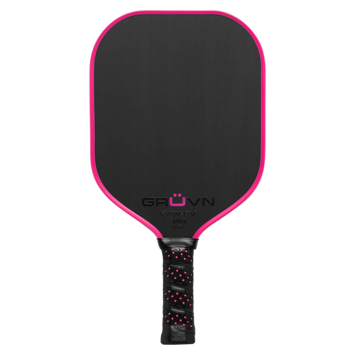 Front view of a black pickleball paddle with a pink edge, GRUVN logo, and pink polka-dot grip.