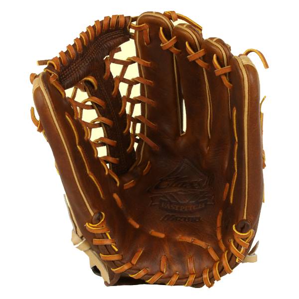Front view of a brown fastpitch glove with tan lacing and embossed Classic Fastpitch Mizuno logo.