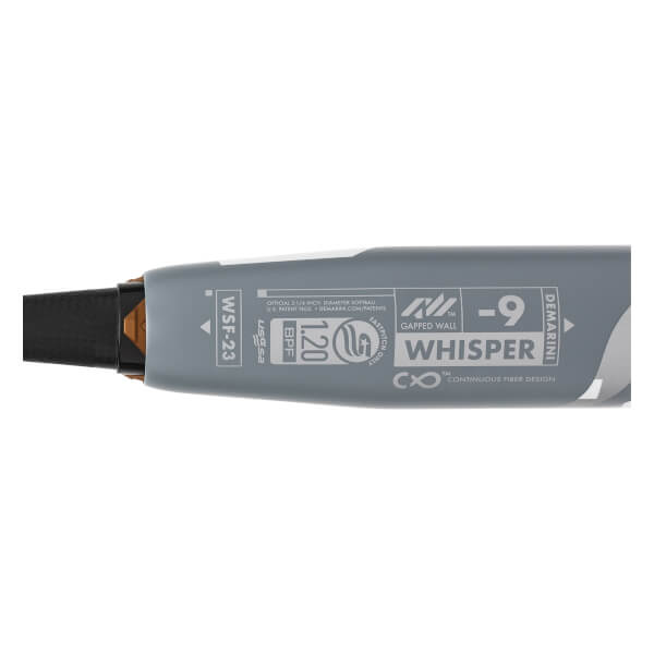 Close-up side view of a gray fastpitch softball bat with WHISPER, DEMARINI, -9, and 1.20 BPF text.