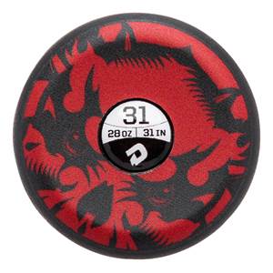 End view of a black and red baseball bat with a dragon design and a white circular label showing 31, 28 OZ, and 31 IN.