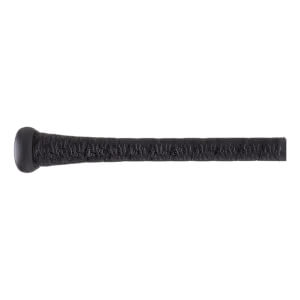 Close-up side view of the baseball bat's handle, showing a black textured grip wrap and a smooth black knob at the base.