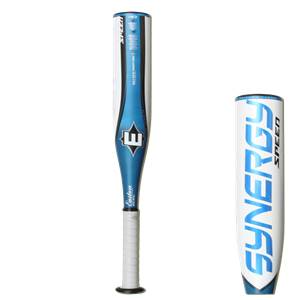 Front view of a blue and white Easton bat with a white grip and SYNERGY SPEED text.