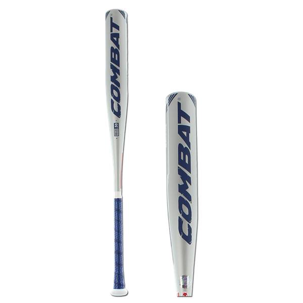 Side view of a white baseball bat with blue COMBAT branding and a blue grip.