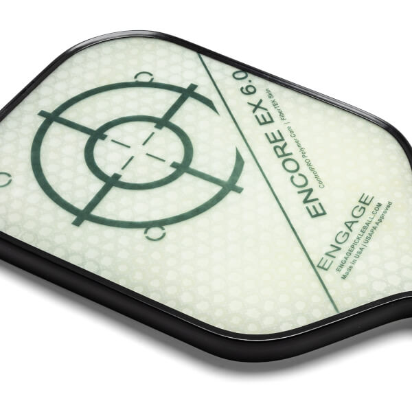 Top-down view of a white pickleball paddle with a green target and ENGAGE ENCORE EX 6.0 text.