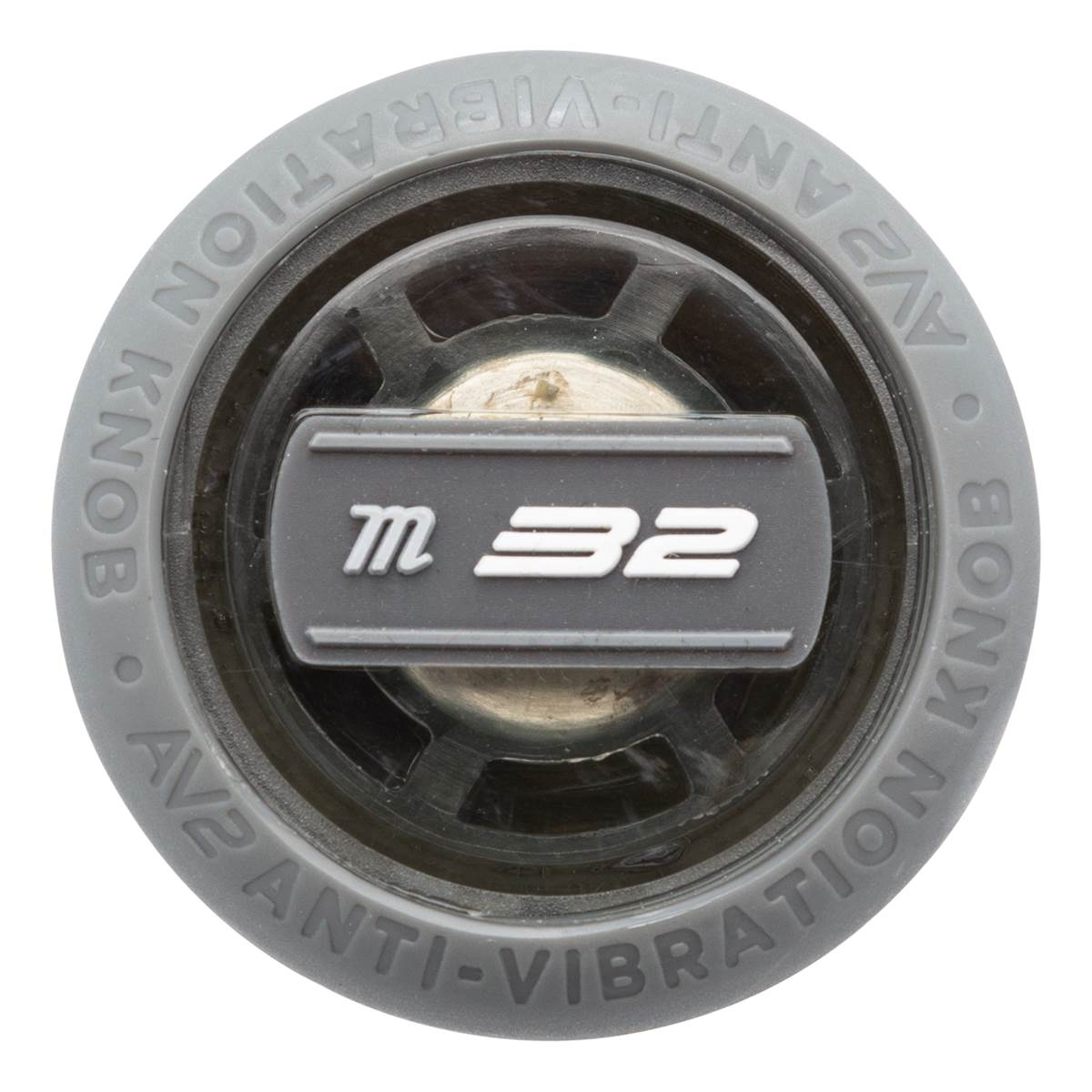 Top-down view of a gray baseball bat knob with AV2 ANTI-VIBRATION KNOB text and m 32 logo.