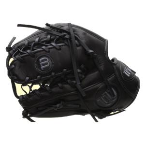Side view of a black baseball glove with Wilson branding and intricate lacing.