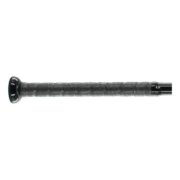 Side view of a black baseball bat with a textured grip and a black end cap.