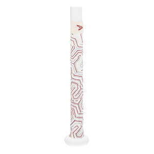 Close-up of a white baseball bat grip with red and gray geometric patterns and an Easton logo.