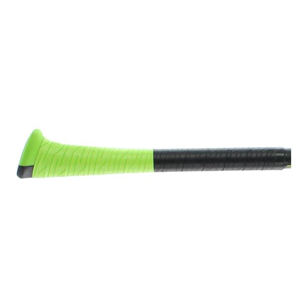 Side view of a black and green baseball bat with a textured grip.