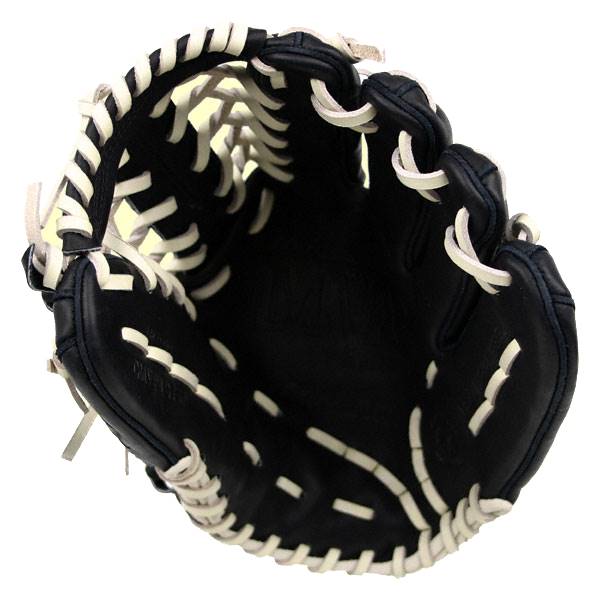 Top-down view of a black baseball glove with white lacing and a deep pocket.