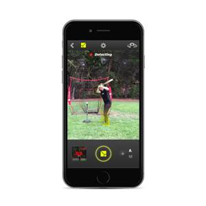 Front view of a black smartphone displaying a baseball player swinging at a ball with a net in the background.