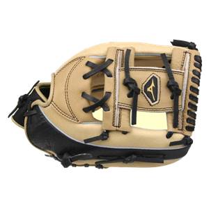 Side view of a tan and black baseball glove with black lacing and a Mizuno logo.
