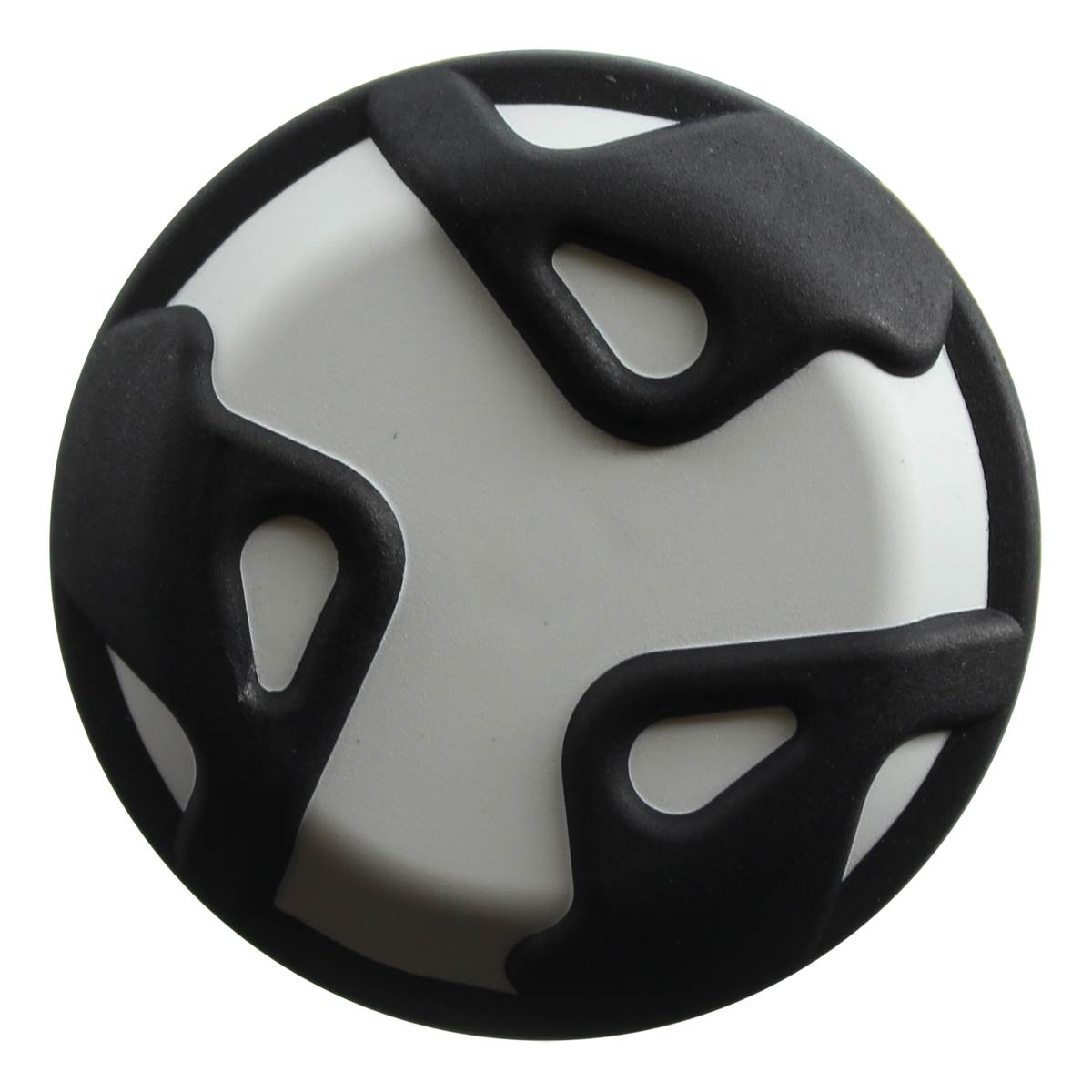 Top-down view of a white baseball bat end cap with black abstract grip pattern.