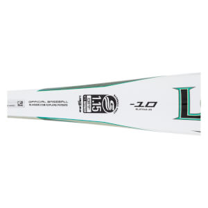 Close-up of a white baseball bat barrel with USSSA 1.15 BPF stamp, -10 drop, and a large L logo.