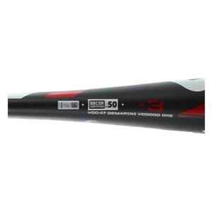 Side view of a black baseball bat with BBCOR .50 certification and DEMARINI VOODOO ONE text.