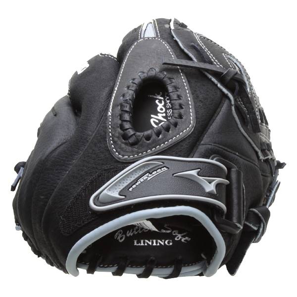 Front view of a black softball glove with Shock and PowerLock branding.