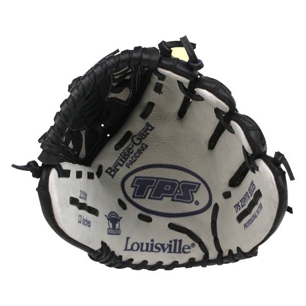 Front view of a white and black Louisville Slugger fastpitch glove with TPS branding and Bruise-Guard Padding text.