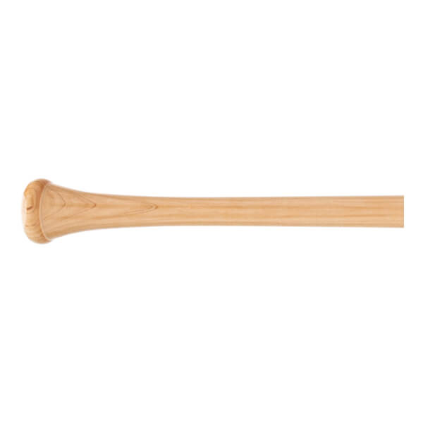 Side view of a natural wood baseball bat with a flared knob, visible wood grain, and tapered handle.