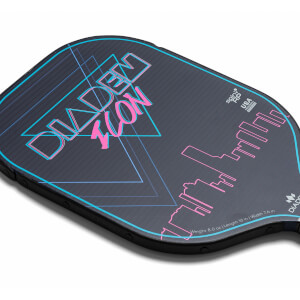 Top-down view of a black pickleball paddle with DIADEM ICON text, a city skyline graphic, and Spin RP USA logo.
