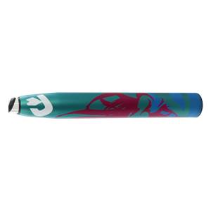 Side view of a teal fastpitch softball bat with pink and blue graphics and a white DeMarini logo.