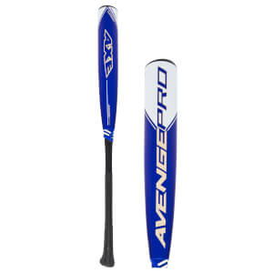 Front view of the full bat and a close-up of the barrel featuring blue and white graphics with gold "AXE" and "AVENGE PRO" text.