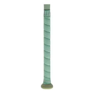 Close-up of the light green bat handle featuring textured grip tape with repeating EASTON text and a rounded knob at the base with the words POWER BOOST.