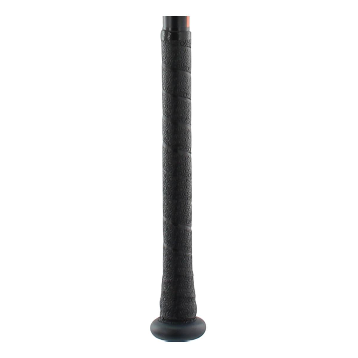 Close-up of a black baseball bat grip with a textured pattern and a black end cap.