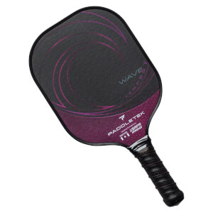 Top-down view of a black pickleball paddle with purple wave design, WAVE text, and Paddletek branding.