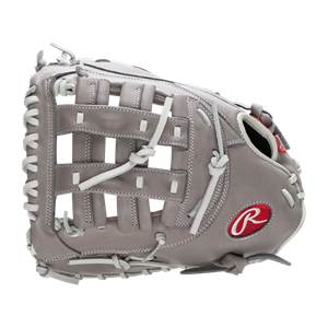 Side view of a gray Rawlings R9 first base mitt with a red R logo and white lacing.