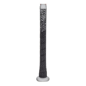Close-up of a black baseball bat grip with a textured pattern and silver accents.