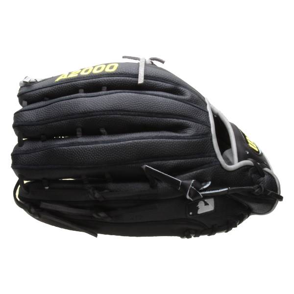 Side view of a black baseball glove with yellow A2000 text and white lacing.