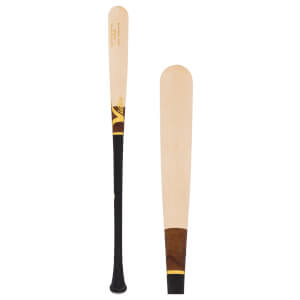 Full view with barrel detail of a light wood baseball bat with black handle and gold Victus V-CUT logo.