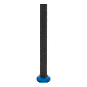 Close-up of a black baseball bat grip with a blue end cap.