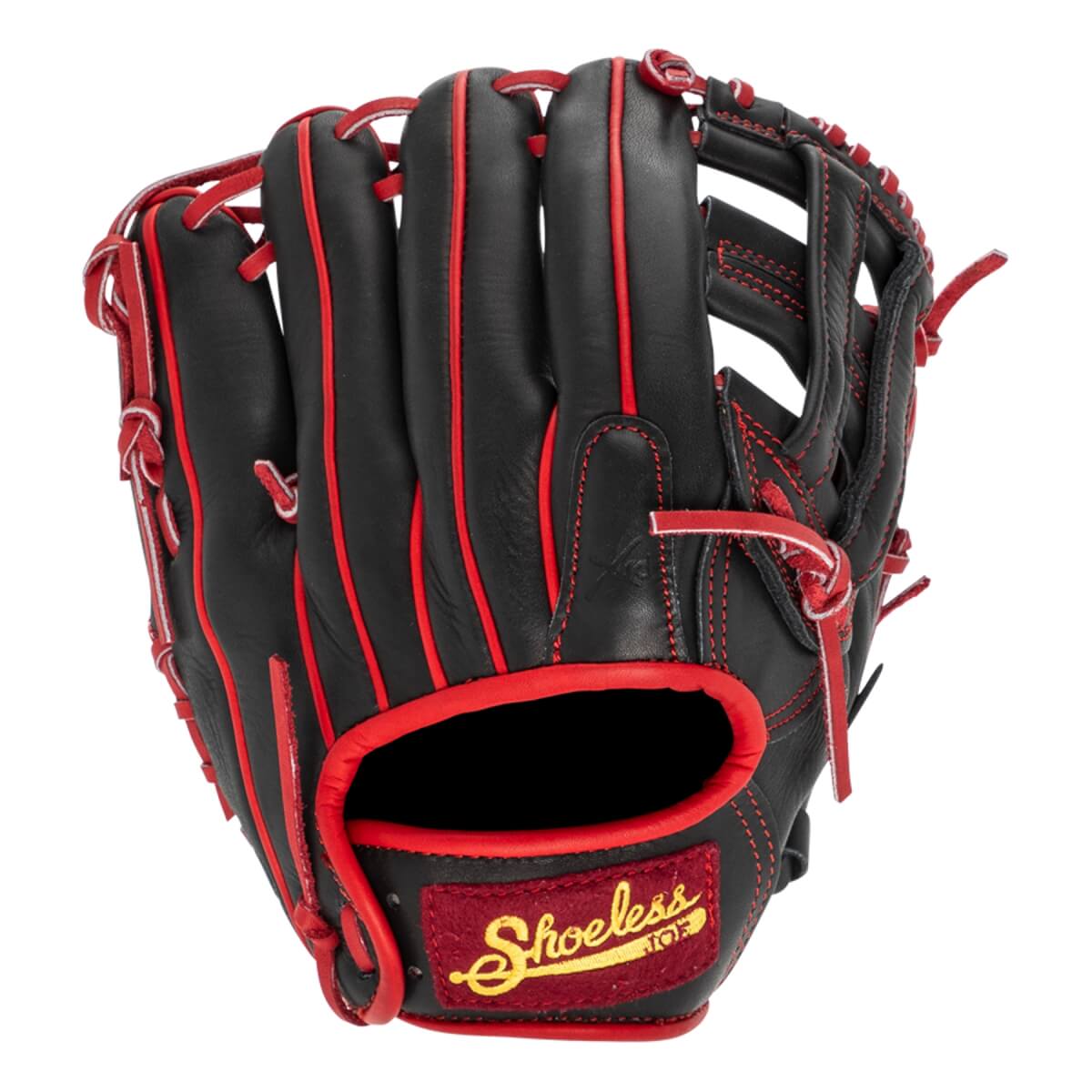 Front view of a black baseball glove with red lacing, red wrist trim, and a Shoeless Joe patch.