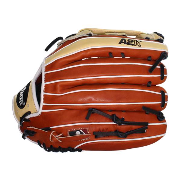 Front view of a brown baseball glove with white lacing and A2K branding.