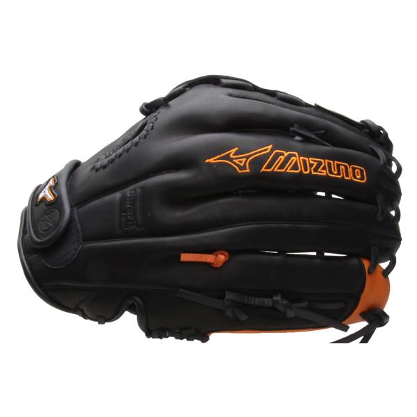 Side view of a black Mizuno baseball glove with orange logo and orange accents.