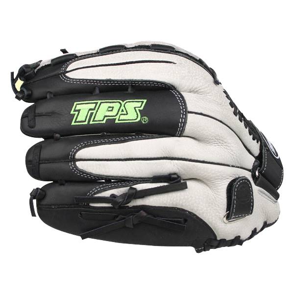 Side view of a black and white baseball glove with green TPS logo and white stitching.