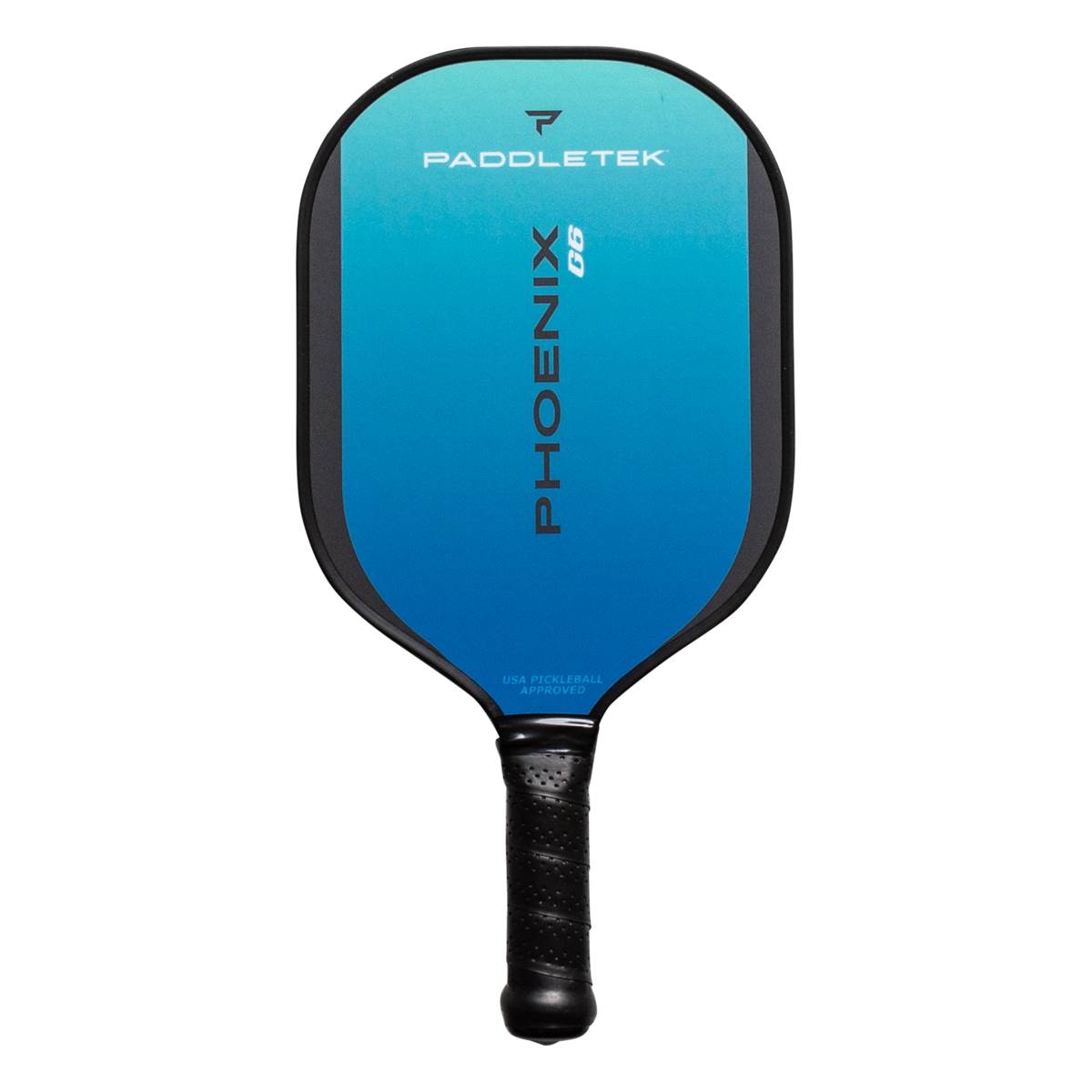 Front view of a blue pickleball paddle with PADDLETEK, PHOENIX, and G6 branding.