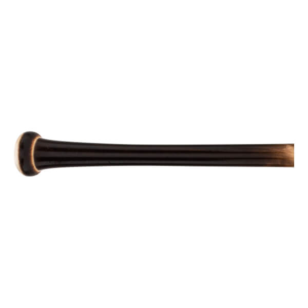 Side view of a dark brown baseball bat with a light-colored knob and a tapered barrel.