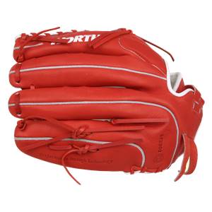 Side view of a scarlet baseball glove with white piping and WORTH visible.