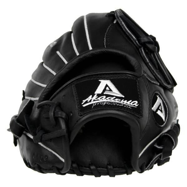 Front view of a black Akadema Pro Series glove with white stitching and embroidered logos.
