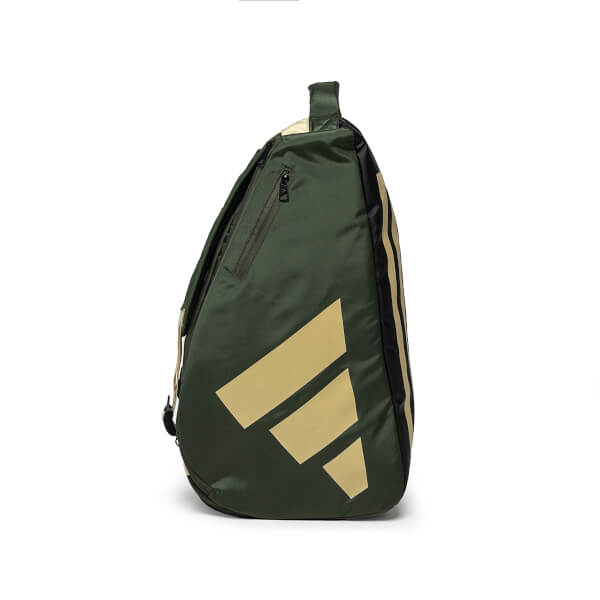 Side view of an olive green Adidas bag featuring a large gold three-bar logo and a small vertical zippered pocket.
